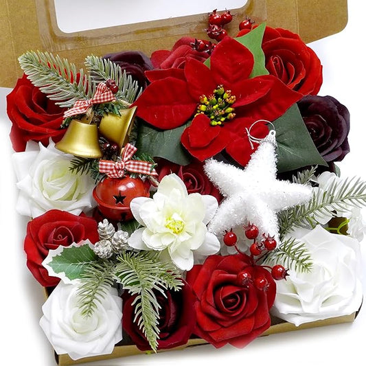 Artificial Flower Box Set Christmas red Themed Floral Decorations，Silk Fake Flowers for DIY Centerpieces Cake Decorations, Xmas Wreath Floral Arrangements Party (Merry Christmas Red)