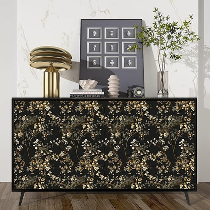 Black Floral Wallpaper Classic Leaves Wall Paper 17.4" x 118" Dark Moody Contact Paper Vintage Chinoiserie Watercolor Self Adhesive Covering for Bedroom Bathroom Cabinet Home Decor Beige Gold