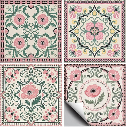 CHGCRAFT 36 Pcs 4 Style Wall Stickers Pink Flower Pattern Peel and Stick Wall Tile Sticker Vintage Flower Waterproof Self Adhesive Stick on Tile Decals for Kitchen Bathroom Art Decor, 4×4 Inch