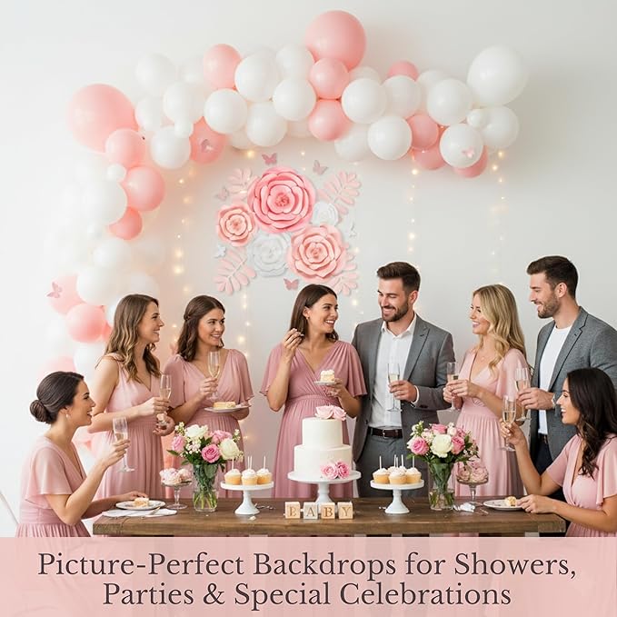 Rainbows & Lilies 15pc Large Paper Flowers Decorations for Wall - Reusable 3D Wall Decor for Girls Room, Nursery & Kids Bedroom - Pink & White Artificial Roses for Baby Shower, Wedding, Party Backdrop