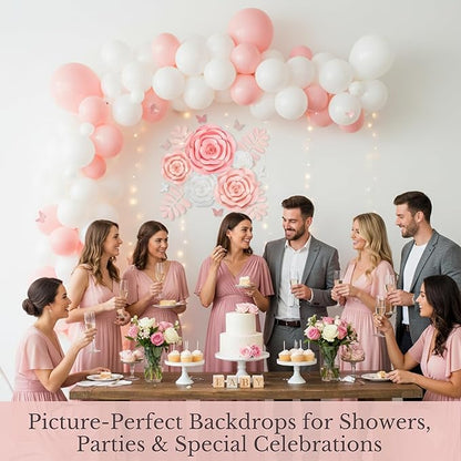 Rainbows & Lilies 15pc Large Paper Flowers Decorations for Wall - Reusable 3D Wall Decor for Girls Room, Nursery & Kids Bedroom - Pink & White Artificial Roses for Baby Shower, Wedding, Party Backdrop