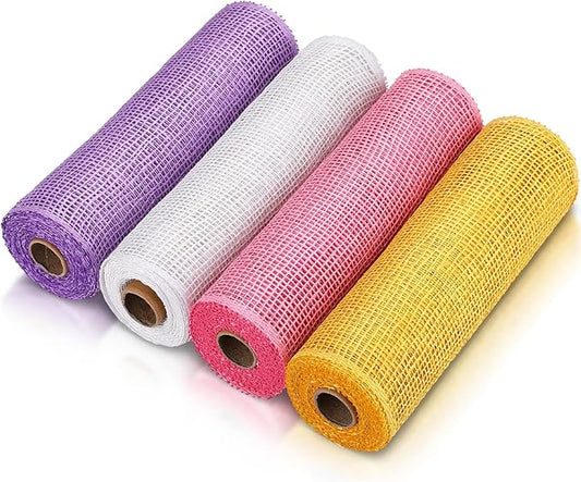 Chuangdi Easter 4 Rolls Poly Burlap Mesh Poly Burlap Deco Ribbon Mesh Roll for Spring Summer 4th of July DIY Flower Wreath Garland, 10 Inch(Pink, Yellow, Light Purple, White)