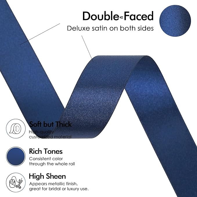 MEEDEE Navy Ribbon 1 Inch Navy Blue Satin Ribbon Lux Double Faced Satin Ribbons by 50 Yards Polyester Blue Wrapping Ribbons for Crafts, Weddings, Flower Bouquet, Holiday Decorating