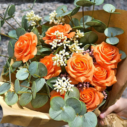 FiveSeasonStuff Silk Roses Artificial Flowers for Decoration, Home Decor Centerpiece for Tables, Wedding Bridal Bouquet of Flowers Real Touch Roses 12 Stems (Orange)