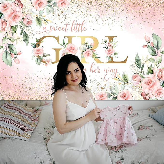Avezano Girl Baby Shower Backdrop Pink Floral Sweet Baby Baby Shower Banner A Sweet Little Girl is on Her Way Party Decorations Banner 70.8 x 43.3 Inch