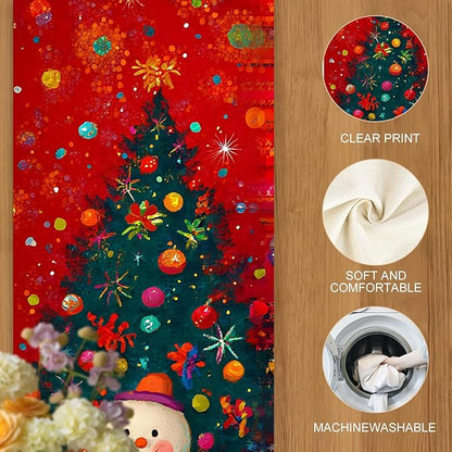 Christmas Table Runner 13 x 72 Inch, Holiday Snowman and Christmas Tree Design, Festive Red Winter Table Decoration with Gifts, Dining Table Centerpiece for Xmas Party Home Decor