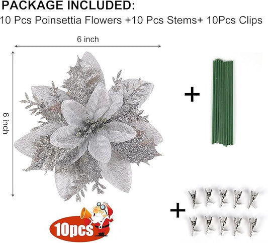 RECUTMS 10 Pcs Christmas Glitter Artificial Poinsettia Flowers 6inch Christmas Wreath Christmas Tree Flowers Ornaments Holiday Seasonal Decorations (Silver, 6inch)