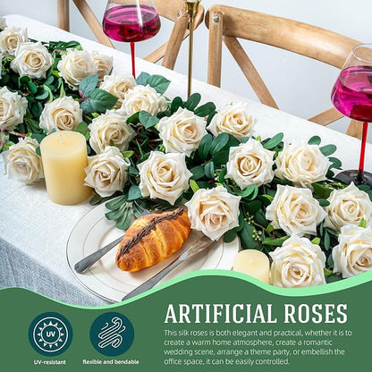 Fake Roses Faux Flowers 12PCS Silk Roses Artificial Roses with Stems Realistic Artificial Flowers Suitable for Indoor Home Decoration DIY Bouquet Wedding Decor Party Decor 16.5In (White)