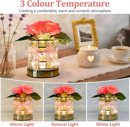 Rose Flower Lamp,Rechargeable Cordless LED Touch Table Lamp,3 Color Infinitely Dimming Bedside Lamps,Small Night Light for Living Room Bedroom Home Decor,Birthday Gifts for Women Mom (Rose)