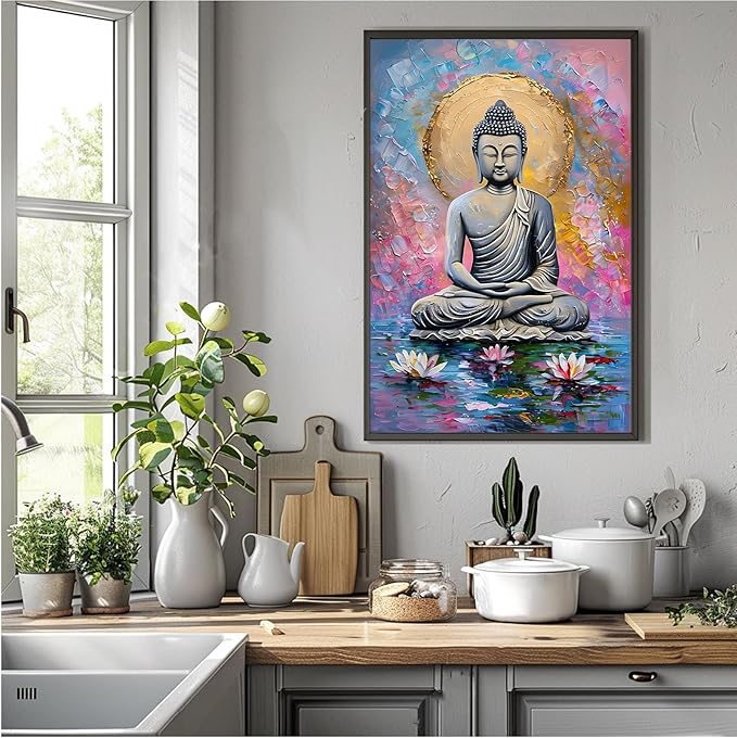 Lotus and golden Buddha meditation tranquil zen wall art mindfulness wall art for spiritual harmony and tranquility decor 12x18in Metal blackFramed