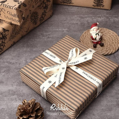 Ribbli Christmas Wrapping Paper, 4 Rolls Vintage Christmas Gift Wrapping Paper, Brown Kraft Paper with Black Pattern, 17 x120 inch(10ft) Per Roll