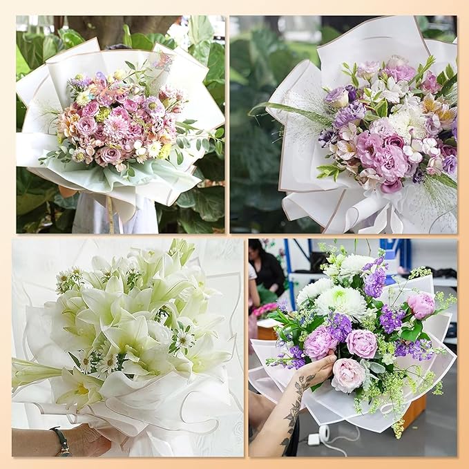 YOUlDIANZI Bouquet Wrapping Paper Kits, 20 Sheets Waterproof Flower Wrapping Paper, 100 Pearl Pins, 72.18 Ft Pink Ribbon, 1 Storage Box for Pins