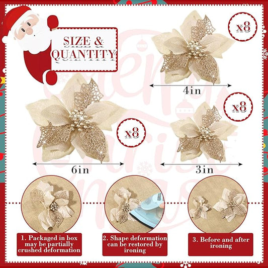 Boao 24 Pieces Christmas Artificial Glitter Poinsettia Flowers Xmas Flowers Wedding Christmas Tree New Year Ornaments(Champagne)