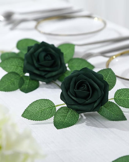 DuHouse 50Pcs Artificial Roses Flowers Fake Roses with Stems Real Touch Foam Flowers for DIY Wedding Bouquet Baby Shower Centerpiece Floral Arrangement Party Home Decor(Hunt Green)