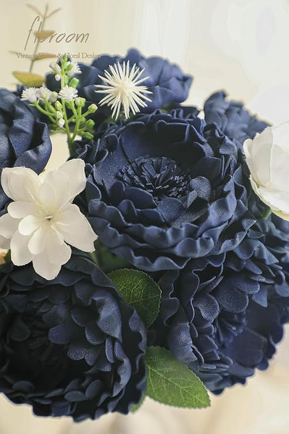 Floroom Artificial Flowers 16pcs 4" Navy Blue Blooming Peonies Real Looking Foam Fake Peony with Stems for DIY Wedding Bouquets Bridal Shower Centerpieces Floral Arrangements Party Tables Decorations