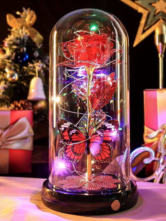 Christmas Rose Gifts for Women, Gift for Birthday Rechargeable Galaxy Glass Rose Light Up Roses In Glass Dome Forever Crystal Flowers Butterfly Xmas Gifts for Women Mom Grandma Sister Her Wife Red