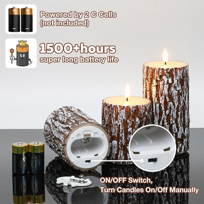 Eywamage Brown Pine Bark Flameless Pillar Candles with Remote, Farmhouse Battery Operated LED Wood Candles Set of 3