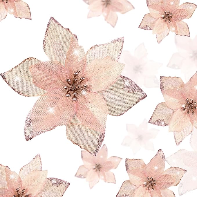 WILLBOND 24 Pcs 3 Size Poinsettia Flower Artificial Christmas Decor Glitter Poinsettia Christmas Ornaments Faux Flowers for Xmas Tree Outdoor(3.2/4/6 Inches,Rose Gold)