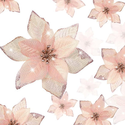 WILLBOND 24 Pcs 3 Size Poinsettia Flower Artificial Christmas Decor Glitter Poinsettia Christmas Ornaments Faux Flowers for Xmas Tree Outdoor(3.2/4/6 Inches,Rose Gold)