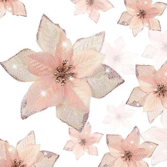 WILLBOND 24 Pcs 3 Size Poinsettia Flower Artificial Christmas Decor Glitter Poinsettia Christmas Ornaments Faux Flowers for Xmas Tree Outdoor(3.2/4/6 Inches,Rose Gold)