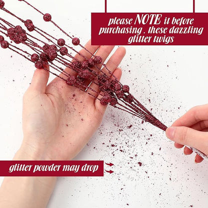 Geosar 30 Pcs Christmas Artificial Glitter Berry Stem Decorations 17 Inch Faux Stick Floral Pick Centerpiece Bouquet Flower Bead Twigs for Centerpiece Tree Wreath Xmas Ornaments Home(Burgundy)