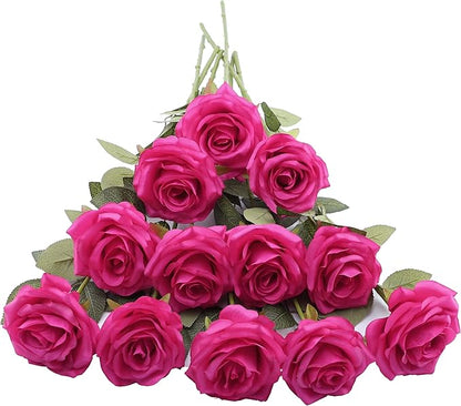 12pcs Artificial Rose Flower Hot Pink Rose Flower with Long Stem Silk Roses Bouquet for Wedding Bridal Shower Party Home Decoration