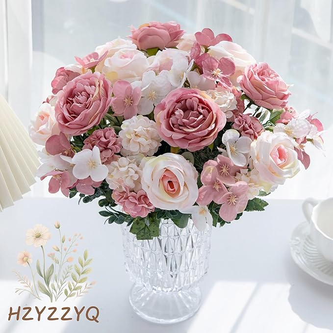 2 Pack Artificial Peony Flowers, Silk Peonies Flowers Fake Peonies Artificial Flowers Peonies Hydrangea Bouquet for Centerpiece Table Wedding Party Home Decor (2, Pink + White)