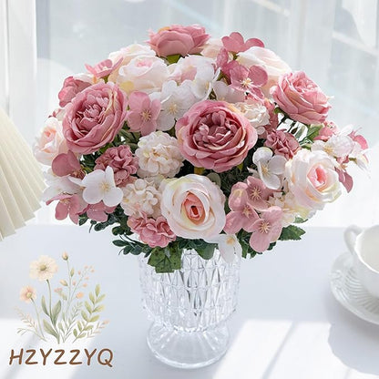 8 Pack Artificial Peony Flowers, Silk Peonies Flowers Fake Peonies Artificial Flowers Peonies Hydrangea Bouquet for Centerpiece Table Wedding Party Home Decor (8, Pink + White)