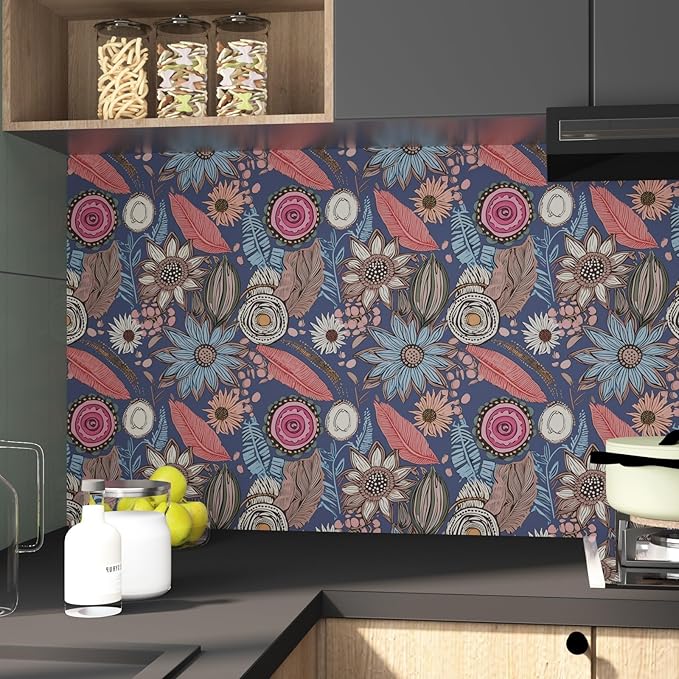 Blue Pink Wallpaper Peel and Stick,Vintage Boho Floral Contact Paper 17.5" x 393", Retro Antique Botanical Flowers Wall Paper Self Adhesive Removable Waterproof for Bathroom Shelves Cabinet Table