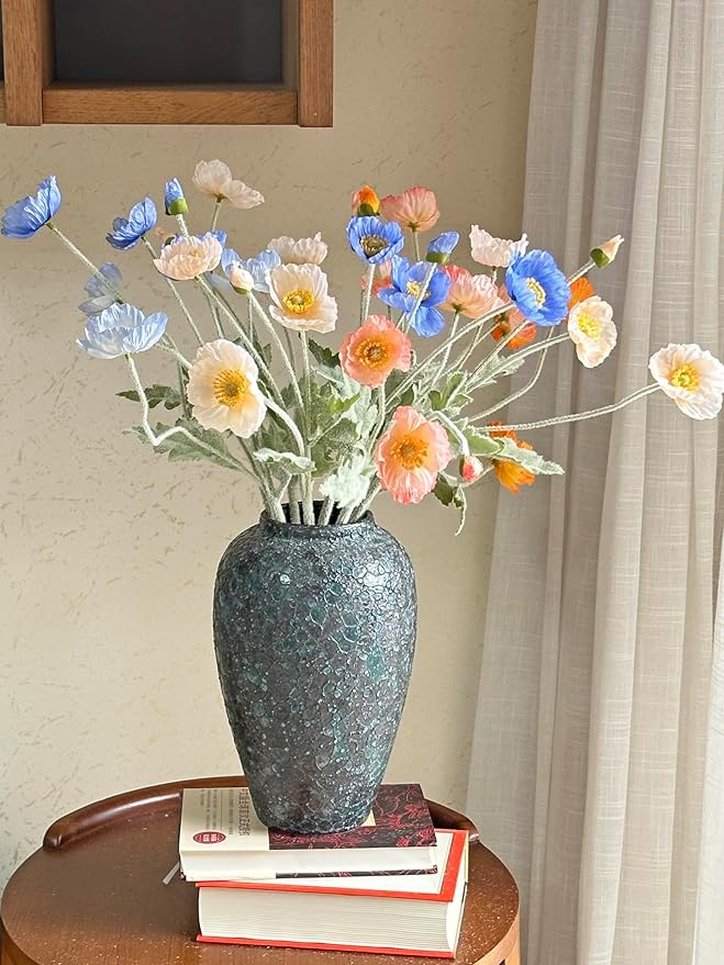 Set of 6 Poppies Flowers Artificial Silk Flowers with Long Stems Faux Wildflowers Bouquet for Vases Oil Pastel Style for Wedding Party Indoor Home Office Decor (Champagne)