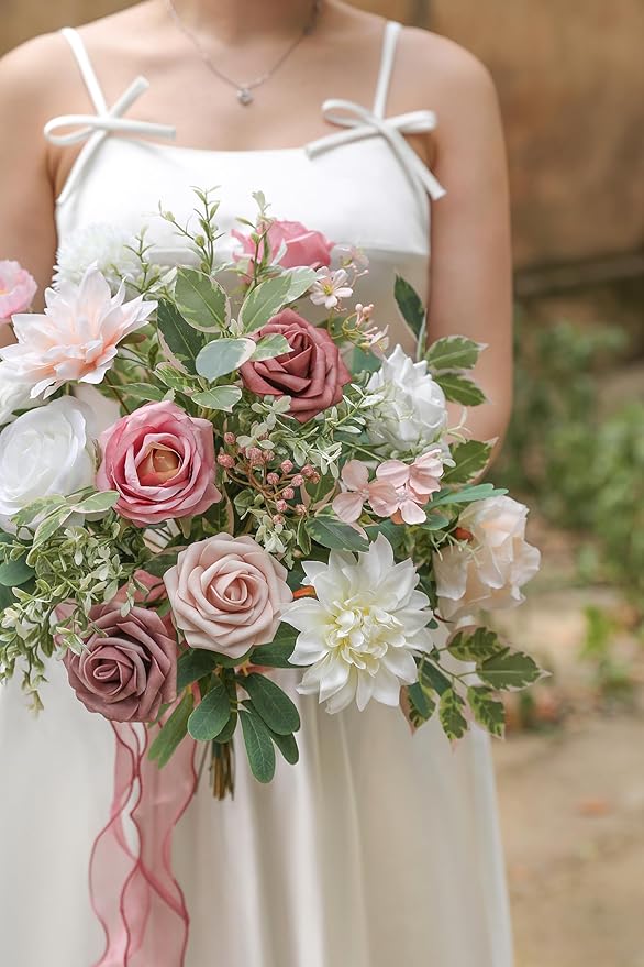 Artificial Flowers Dusty Pink Box Set for DIY Bridal Bouquets Wedding Shower Decorations Fake Floral Arrangements for Party Table Centerpieces Home Decor Indoor Outdoor