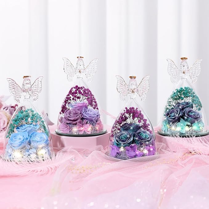 Christmas Rose Gifts for Women Preserved Real Flower in Glass Angel Figurines Roses for Delivery Prime Birthday Gifts for Mom Grandma Girlfriend Wife Her, GlitterPurpleAquablue