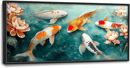 Carp Fish Large Wall Art Framed Japanese Wall Decor for Living Room Asian Fish Pictures Oversized Canvas Print Painting Modern Extra Large Framed Artwork for Bedroom Office Home Decor 60"x30"