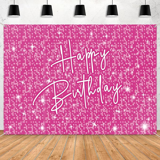 Happy Birthday Decoration for Women Shiny Pink Neon Party Backdrop Glitter Banner for Girl Princess Party Table Wall Decorations Pink Sparkle Birthday Photo Booth Studio Background 7x5ft