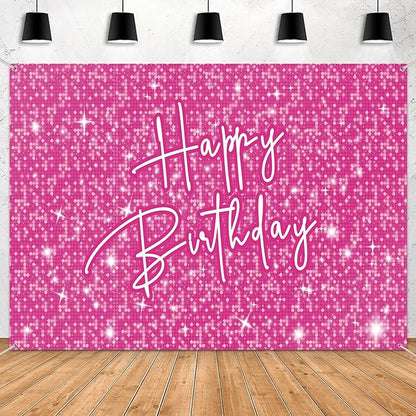 Happy Birthday Decoration for Women Shiny Pink Neon Party Backdrop Glitter Banner for Girl Princess Party Table Wall Decorations Pink Sparkle Birthday Photo Booth Studio Background 7x5ft