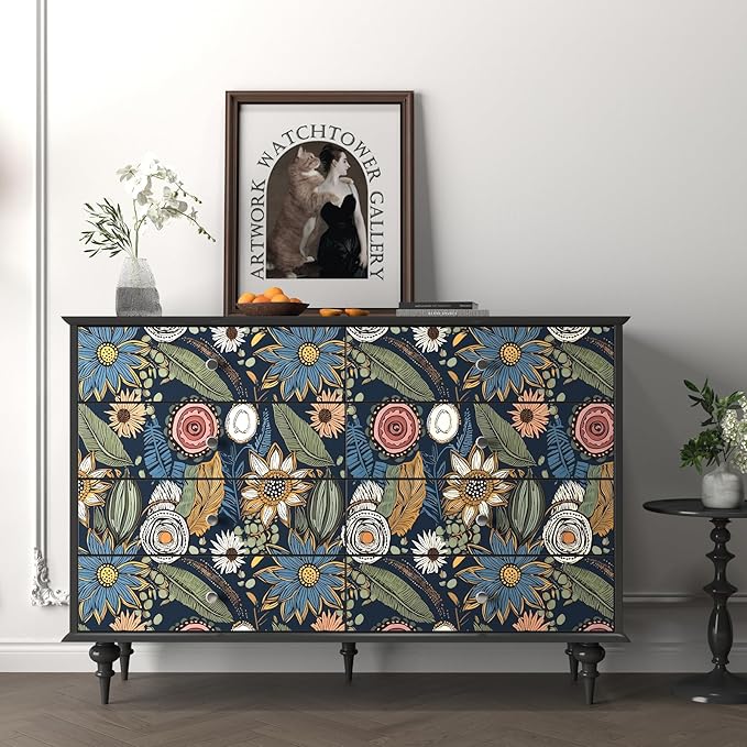 Blue Wallpaper Peel and Stick,Vintage Boho Floral Contact Paper 17.5" x 118", Retro Botanical Flower Wall Paper Self Adhesive Removable Waterproof for Walls Shelves Cabinet Table (Blue,Yellow, Green)