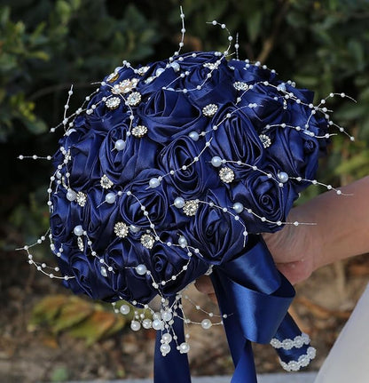 Bridal Wedding Bouquet Round Bling Brooch Bouquet Throw Toss Artificial Rose Flower Bunch for Bride Bridesmaid Wedding Quinceanera(Navy Blue, 9.8")