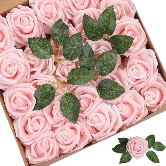 Artificial Flowers Roses 50pcs Pink Roses Wedding Decoration Real Looking Fake Roses w/Stem for DIY Wedding Bouquets Centerpieces Arrangements Party Baby Showers Home Decorations (Pink, 50 pcs)