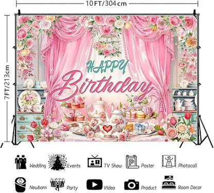 Tea Party Backdrop Let's Partea Happy Birthday Photography Background Wonderland Pink Rose Floral Teapot Women Tea Party Decor Banner Portrait Photo Booth Studio Props 10x7ft FU085YL