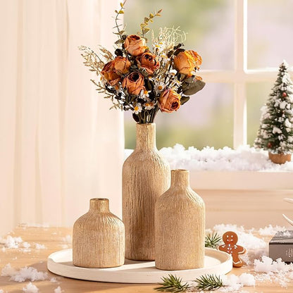 Ceramic Vase Home Table Decor - Gold Flower Vase Set of 3 Living Room Kitchen Decorations Farmhouse Modern Rustic Vases Decorative Centerpiece for Shelf Bedroom Office Bathroom Dining Coffee Desk