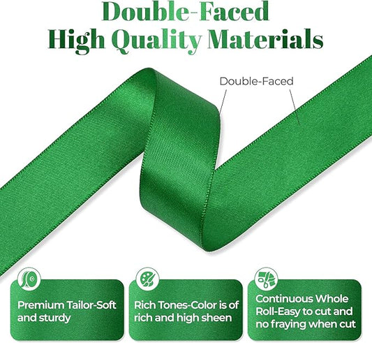 Green Satin Ribbon, Double Faced 7/8 Inch X 50 Yards Green Ribbon, Premium Satin Ribbon for Gift Wrapping, Crafts, Hair Bow Making, Sewing, Flower Bouquet, Wedding Party Decor