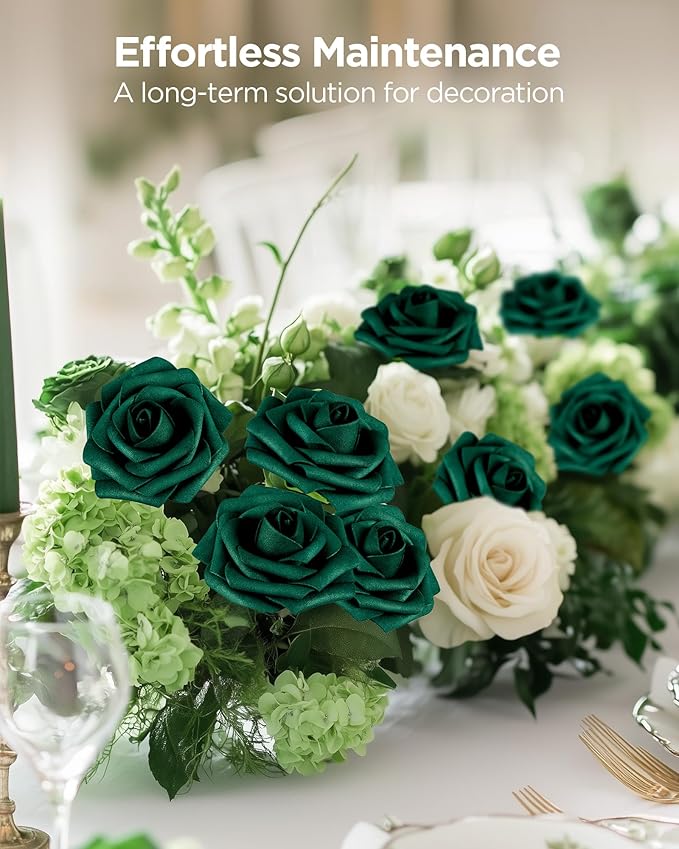 InnoGear Artificial Flowers, 50 Pcs Hunt Green Foam Fake Roses Bulk with Stems for Decoration DIY Wedding Bouquets Centerpieces Bridal Shower Party Valentines Christmas Tree