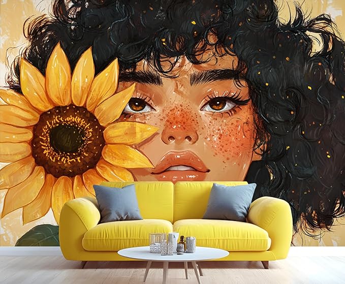 KIREUPA Sunflower Woman Art Wall Mural, Curly Hair Girl with Sunflower 3d Wall Murals, Modern Portrait and Flower Wallpaper Mural, for Living Room Bedroom Large Wallpaper Indoor Decor 59" W x39.4 H