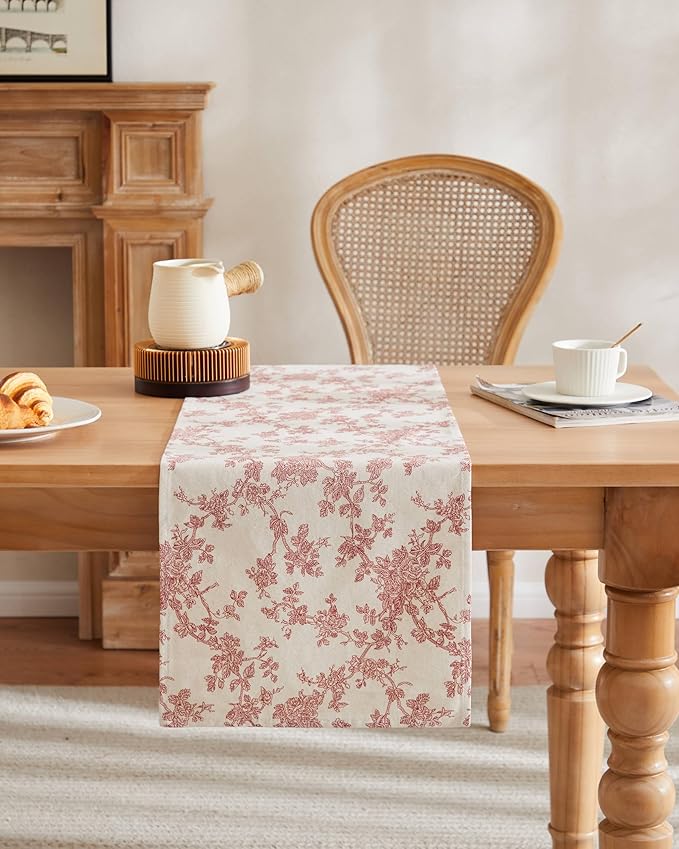 100% Cotton French Pastoral Table Runners, 13x48 Inch red Farmhouse Table Runners 48 Inches Long, Vintage Flowers Print Home Decors