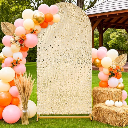 Big Payette Sequin Arch Cover: Light Gold 7.2 FT Arch Backdrop Cover for Arch Stand Glitter Wedding Arch Cover Backdrop Fabric for Birthday Halloween Celeberation