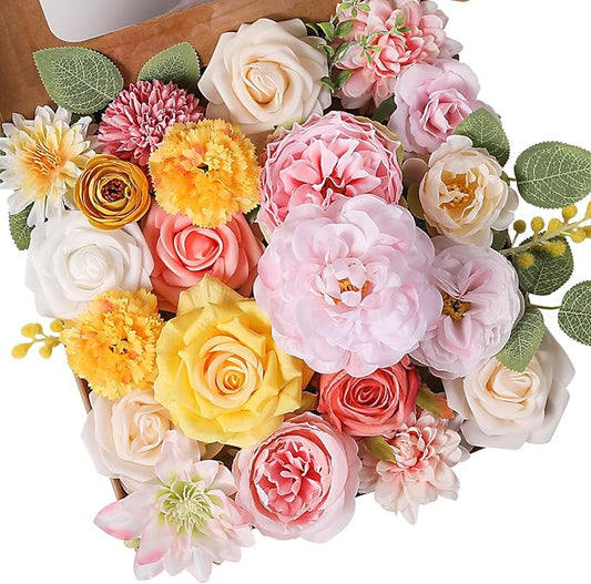 Artificial Flowers Combo, Mix Silk Flowers Roses, Peonies, Dahlias with Stems for DIY Wedding Bridal Bouquet, Baby Shower, Table Centerpieces, Home Decor, Floral Arrangements-Pink Yellow