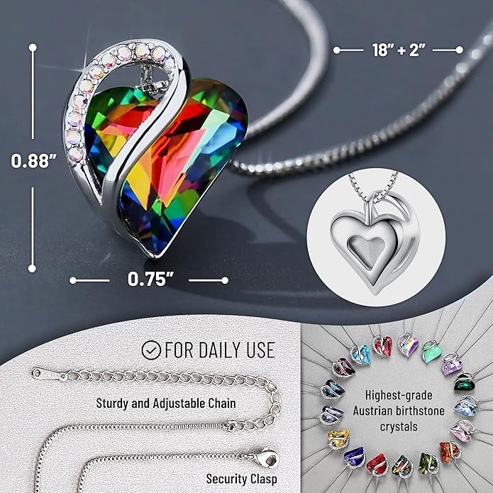 Leafael Necklaces for Women, Infinity Love Birthstone Heart Crystal Pendant, Birthday Jewelry Gifts for Her, Mom, and Wife, Silver Plated, 18 plus 2 inch Adjustable Chain