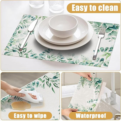 Eucalyptus Leaves Placemats Set of 6, Sage Green Linen Place Mat Washable Stain Resistant Table Mats for Farmhouse Kitchen Dining Party Wedding Decor 12x18 Inch