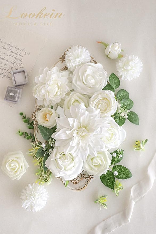 Lookein Artificial Flowers for DIY Wedding Decoration Bridal Bouquet Table Centerpieces Flower Garland Wreaths Aisle Arch Flower Decoration Home Decor, Vibrant Ivory