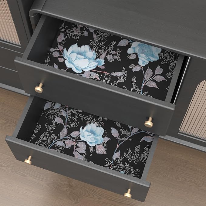 Black Blue Floral Peel and Stick Wallpaper Flowers Contact Paper 17.5"x118" Self Adhesive Waterproof Vintage Dark Floral Wall Paper for Shelf Liner Cabinet Decor